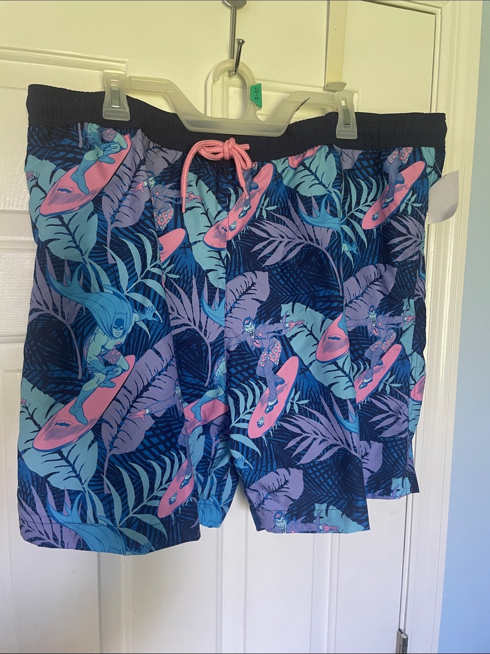 Men's Tropical Surf Print Swim Trunks in Navy & Pink. The Joker from Batman